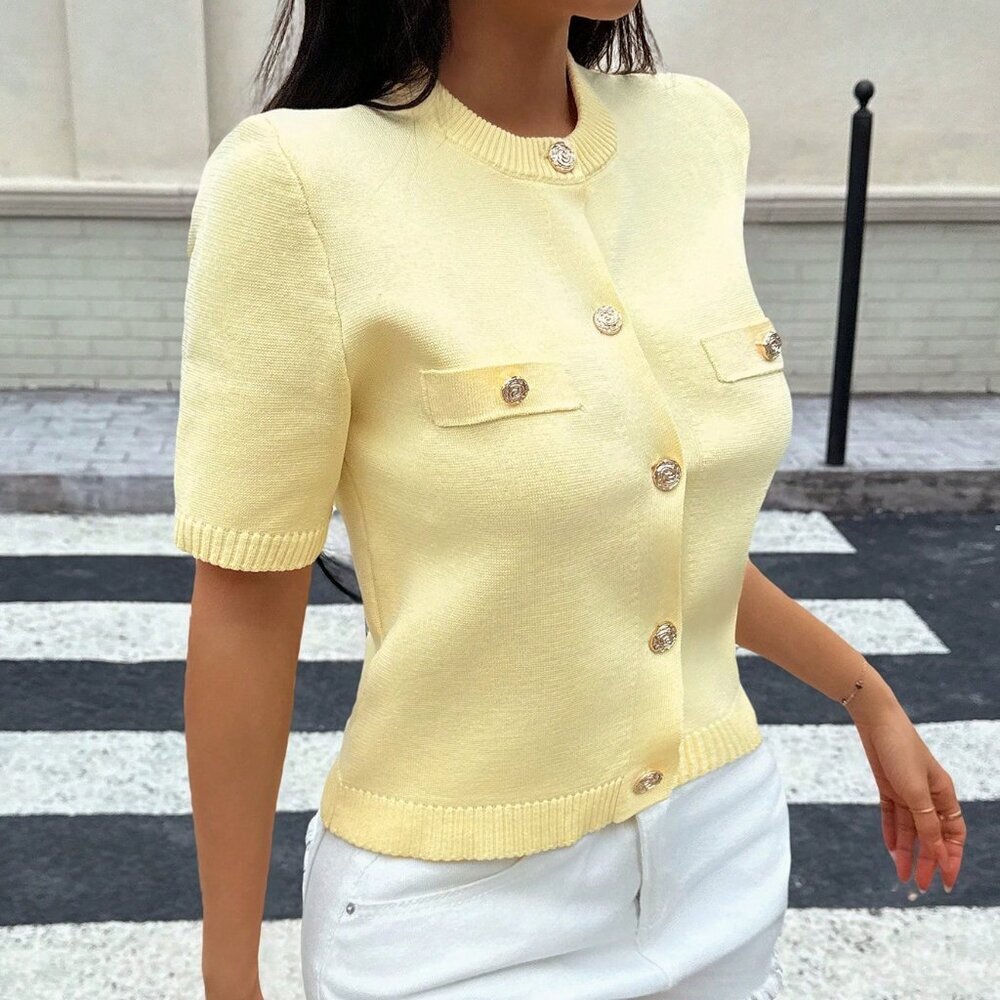 Yellow Casual Women's Minimalist Versatile Short Sleeve Knit Top - Picture 5 of 11
